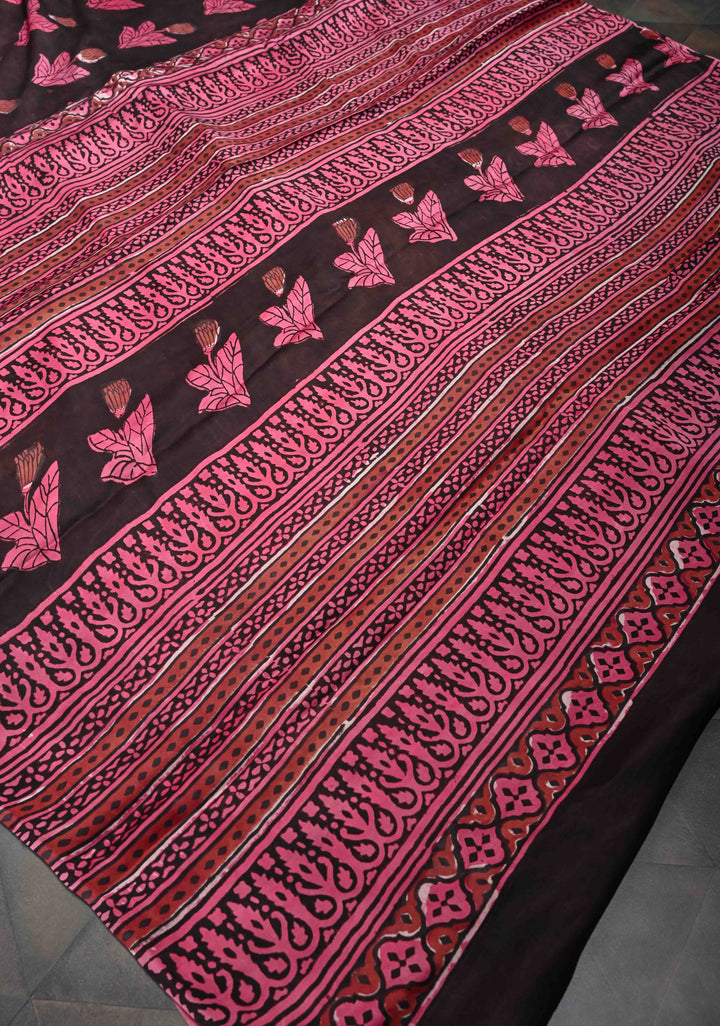 Ajrakh on Brown Modal Silk Saree with Floral Hand Block Print