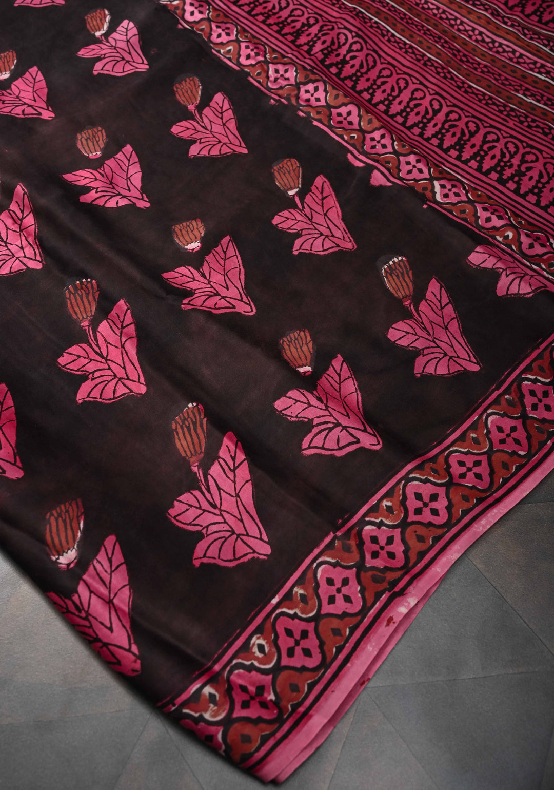 Ajrakh on Brown Modal Silk Saree with Floral Hand Block Print