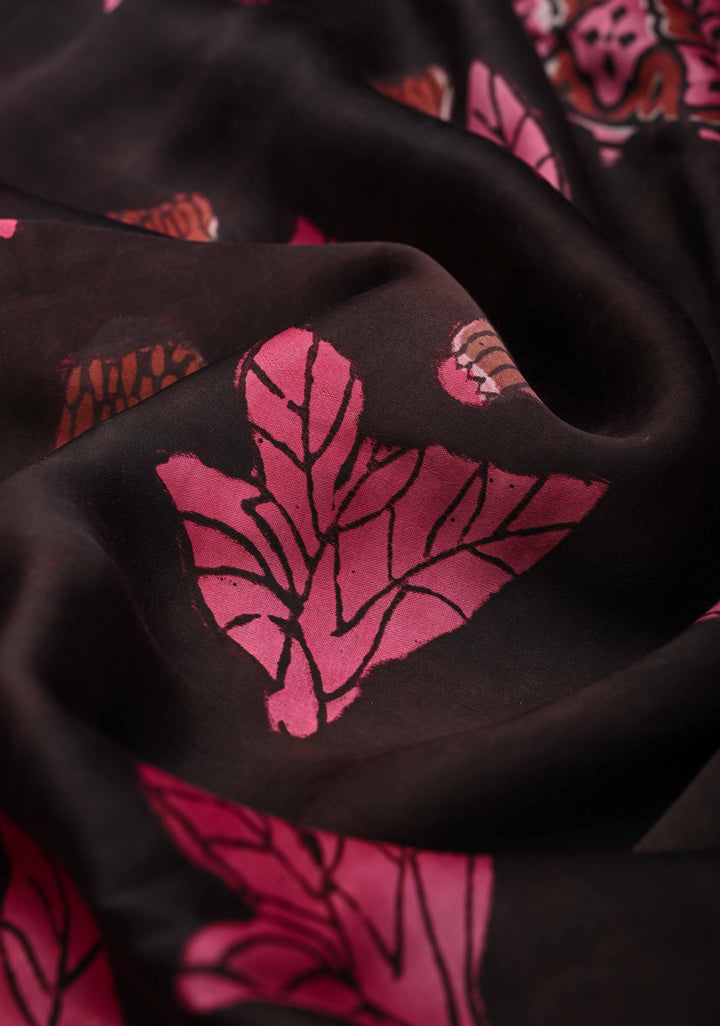 Ajrakh on Brown Modal Silk Saree with Floral Hand Block Print