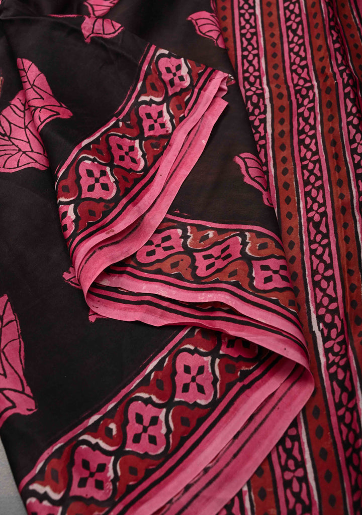 Ajrakh on Brown Modal Silk Saree with Floral Hand Block Print