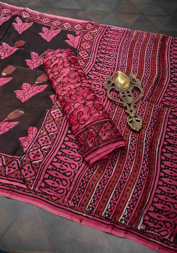 Ajrakh on Brown Modal Silk Saree with Floral Hand Block Print
