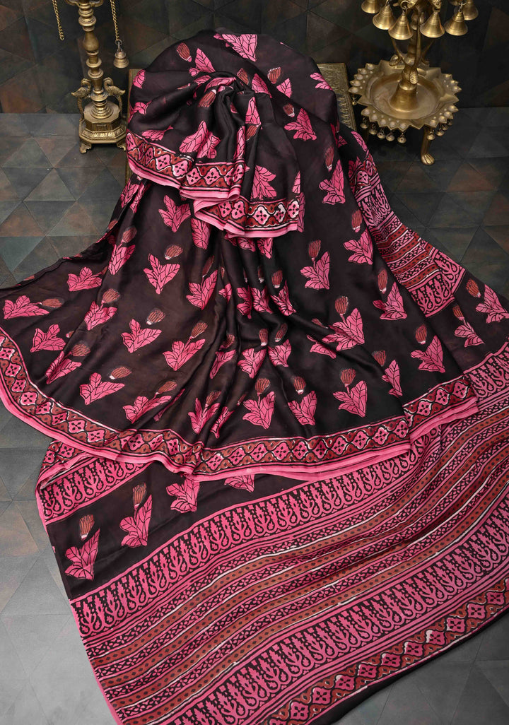 Ajrakh on Brown Modal Silk Saree with Floral Hand Block Print