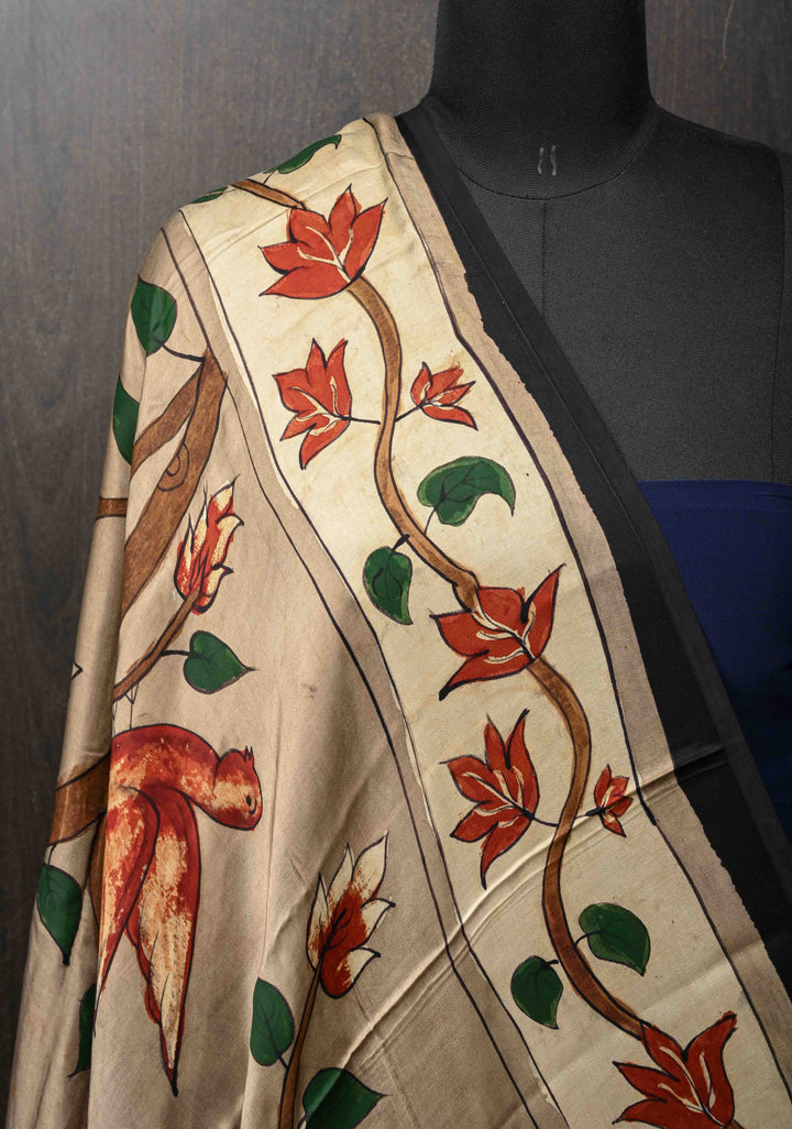 Dupatta: Authentic Pen Kalamkari on Modal Silk Generously sized dupatta
