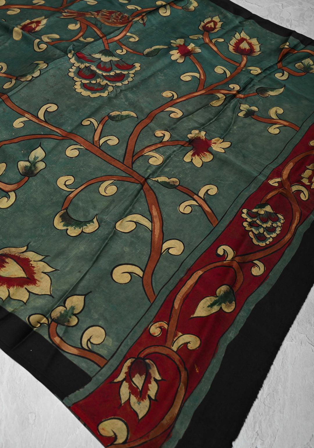 Dupatta: Authentic Teal Modal Silk Dupatta with Floral Hand block Print