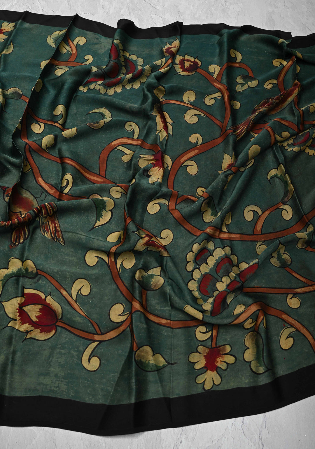Dupatta: Authentic Teal Modal Silk Dupatta with Floral Hand block Print