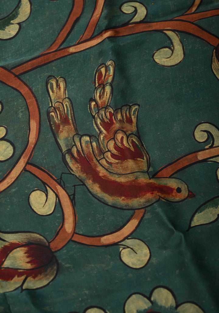 Dupatta: Authentic Teal Modal Silk Dupatta with Floral Hand block Print