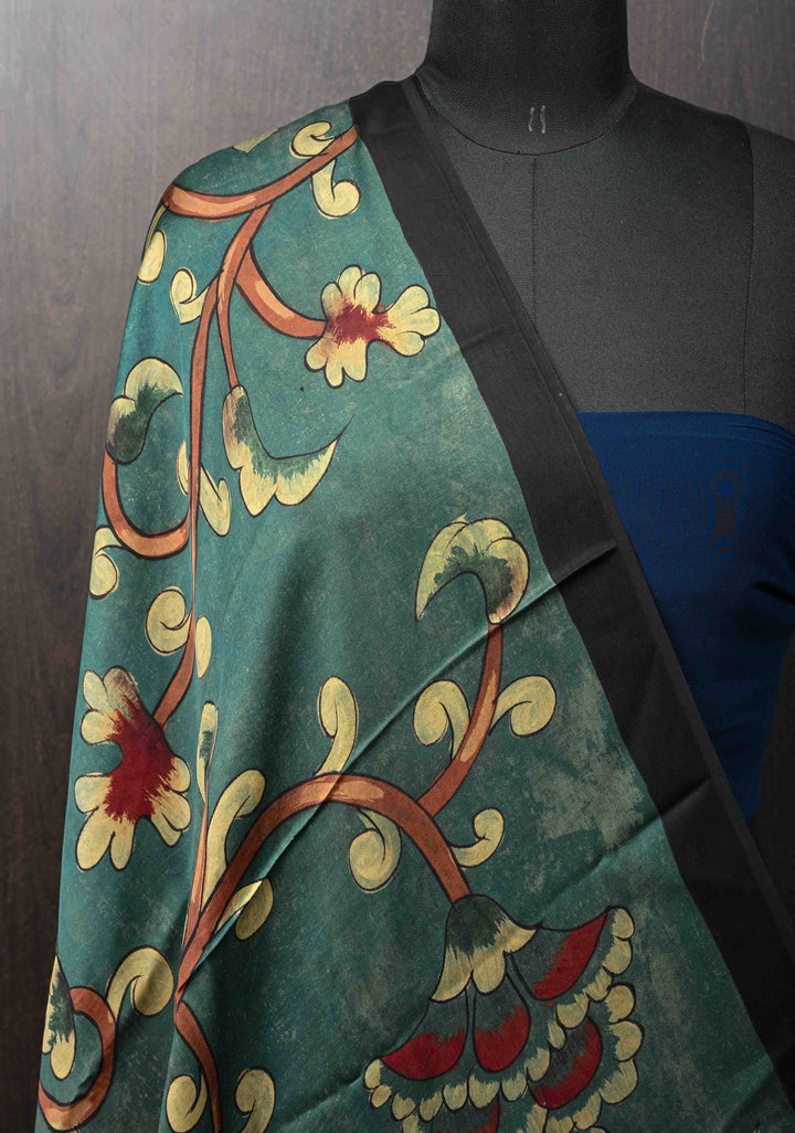 Dupatta: Authentic Teal Modal Silk Dupatta with Floral Hand block Print
