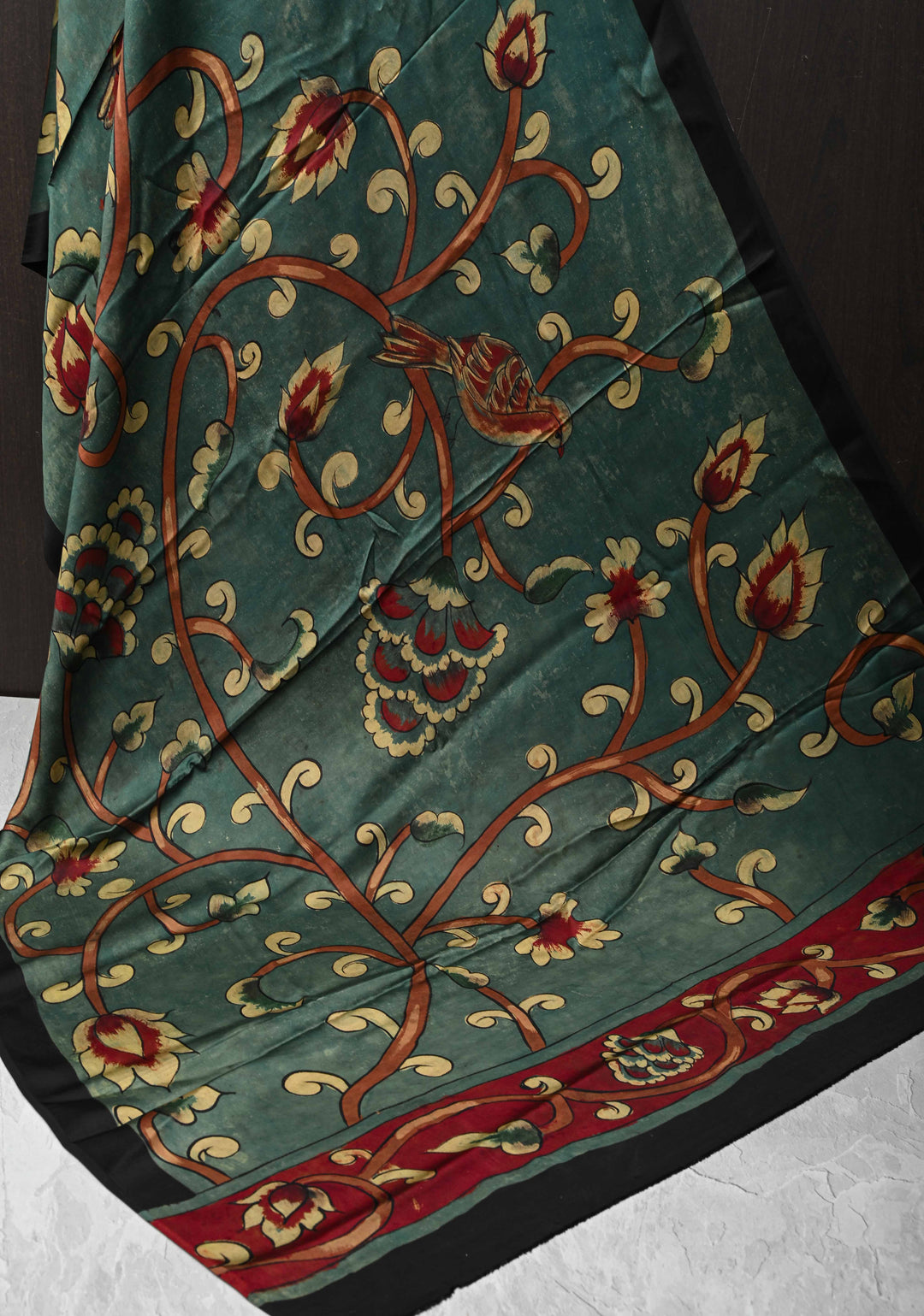 Dupatta: Authentic Teal Modal Silk Dupatta with Floral Hand block Print
