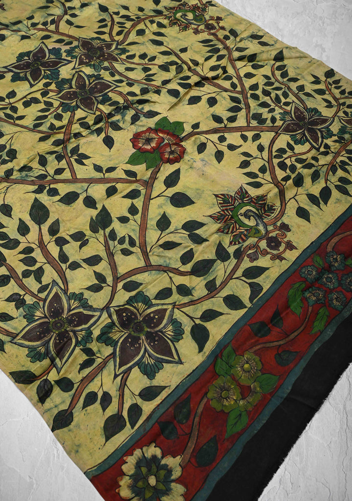 Dupatta: Authentic Yellow Modal Silk Dupatta with Floral Hand block Print