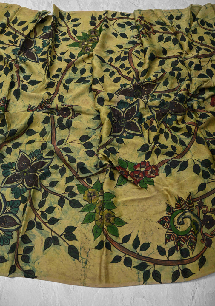Dupatta: Authentic Yellow Modal Silk Dupatta with Floral Hand block Print