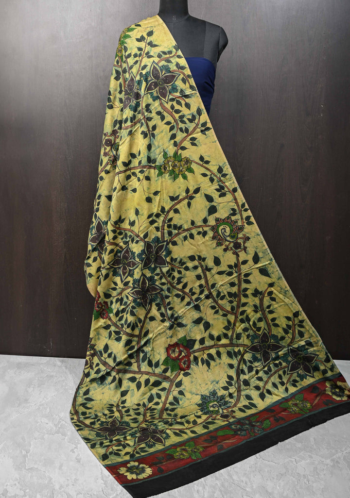 Dupatta: Authentic Yellow Modal Silk Dupatta with Floral Hand block Print
