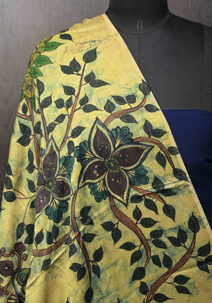 Dupatta: Authentic Yellow Modal Silk Dupatta with Floral Hand block Print