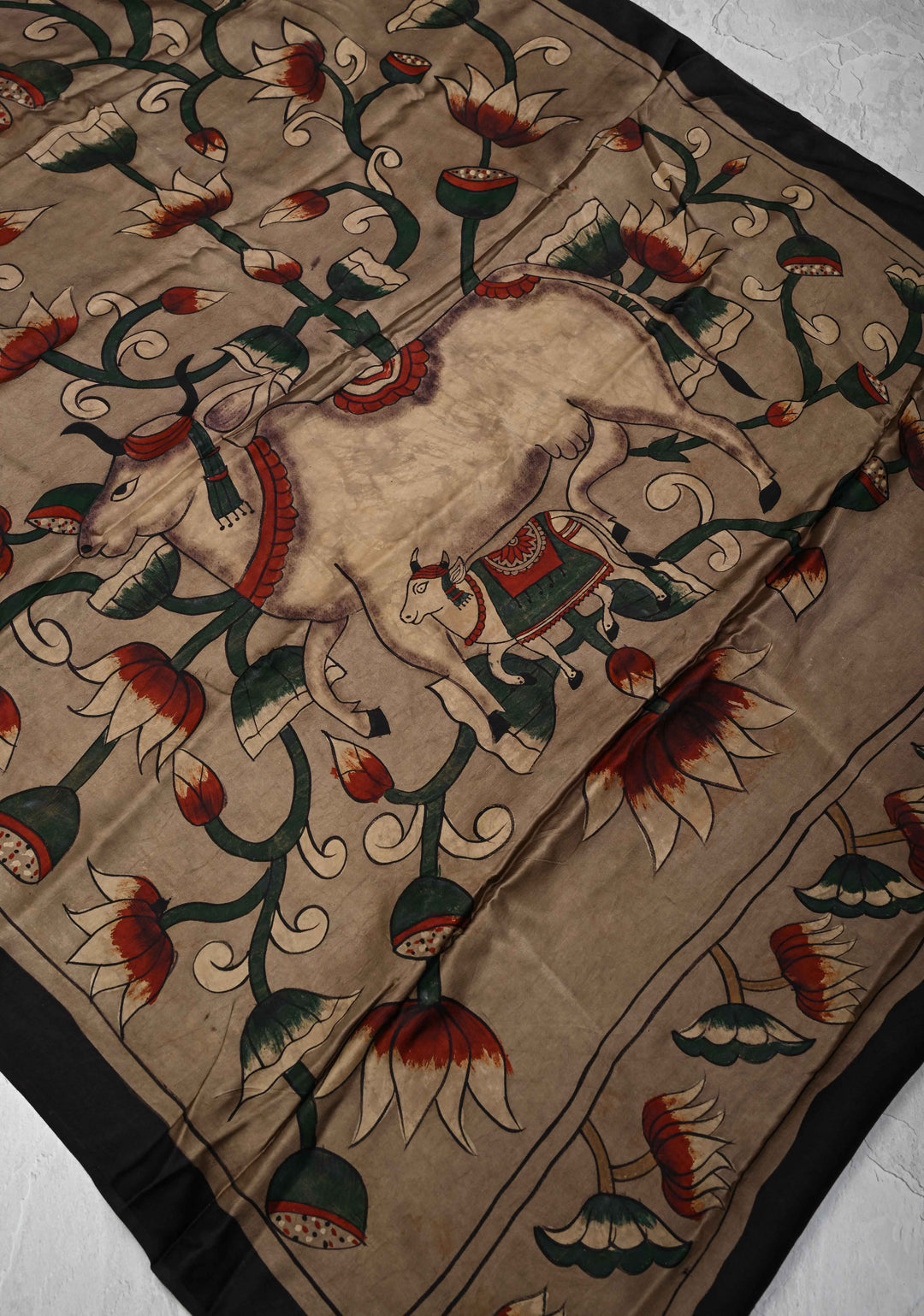 Dupatta: Authentic Taupe Modal Silk Dupatta with Pichwai & Floral Hand block Print