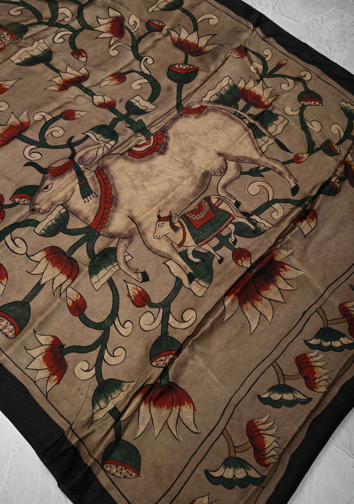 Dupatta: Authentic Taupe Modal Silk Dupatta with Pichwai & Floral Hand block Print