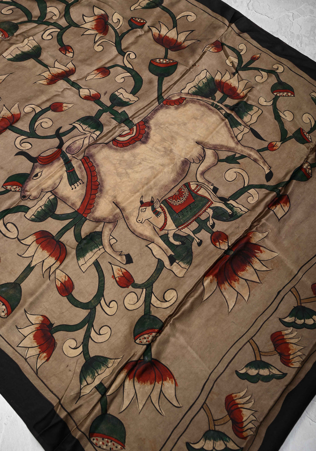 Dupatta: Authentic Taupe Modal Silk Dupatta with Pichwai & Floral Hand block Print
