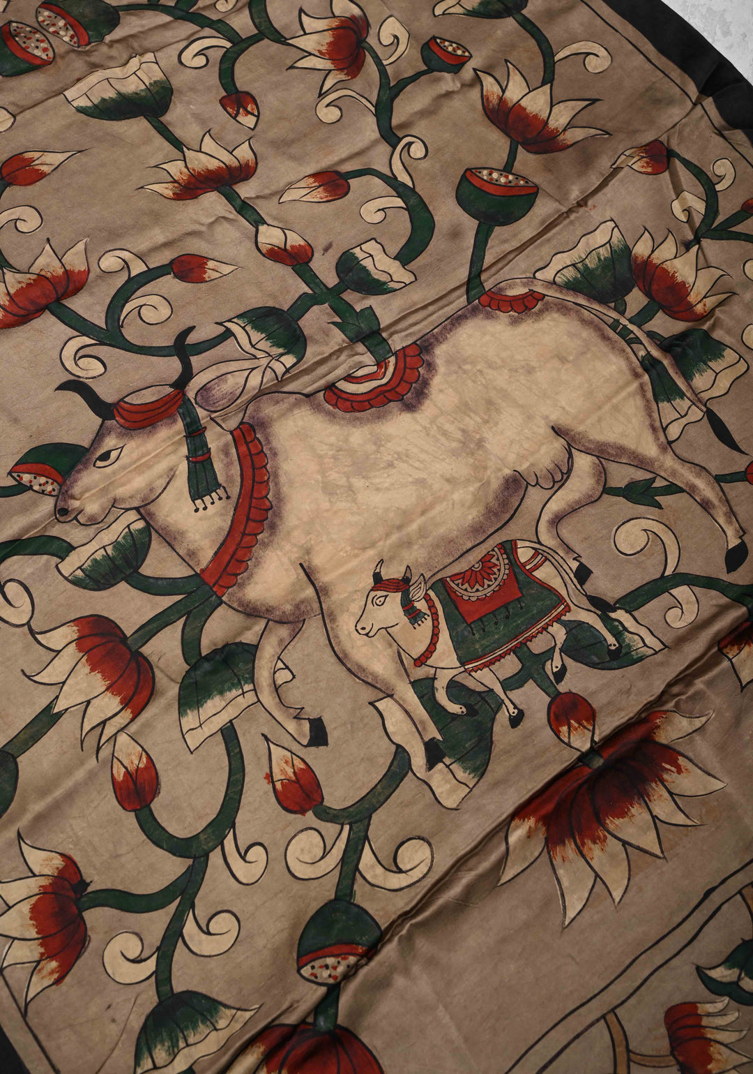 Dupatta: Authentic Taupe Modal Silk Dupatta with Pichwai & Floral Hand block Print