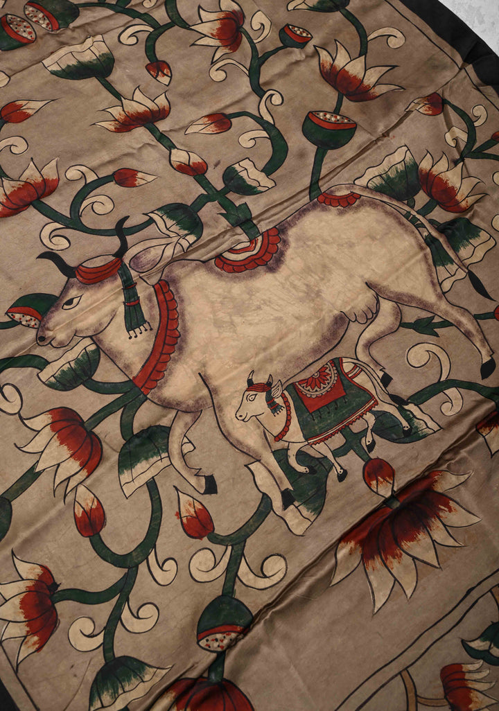 Dupatta: Authentic Taupe Modal Silk Dupatta with Pichwai & Floral Hand block Print