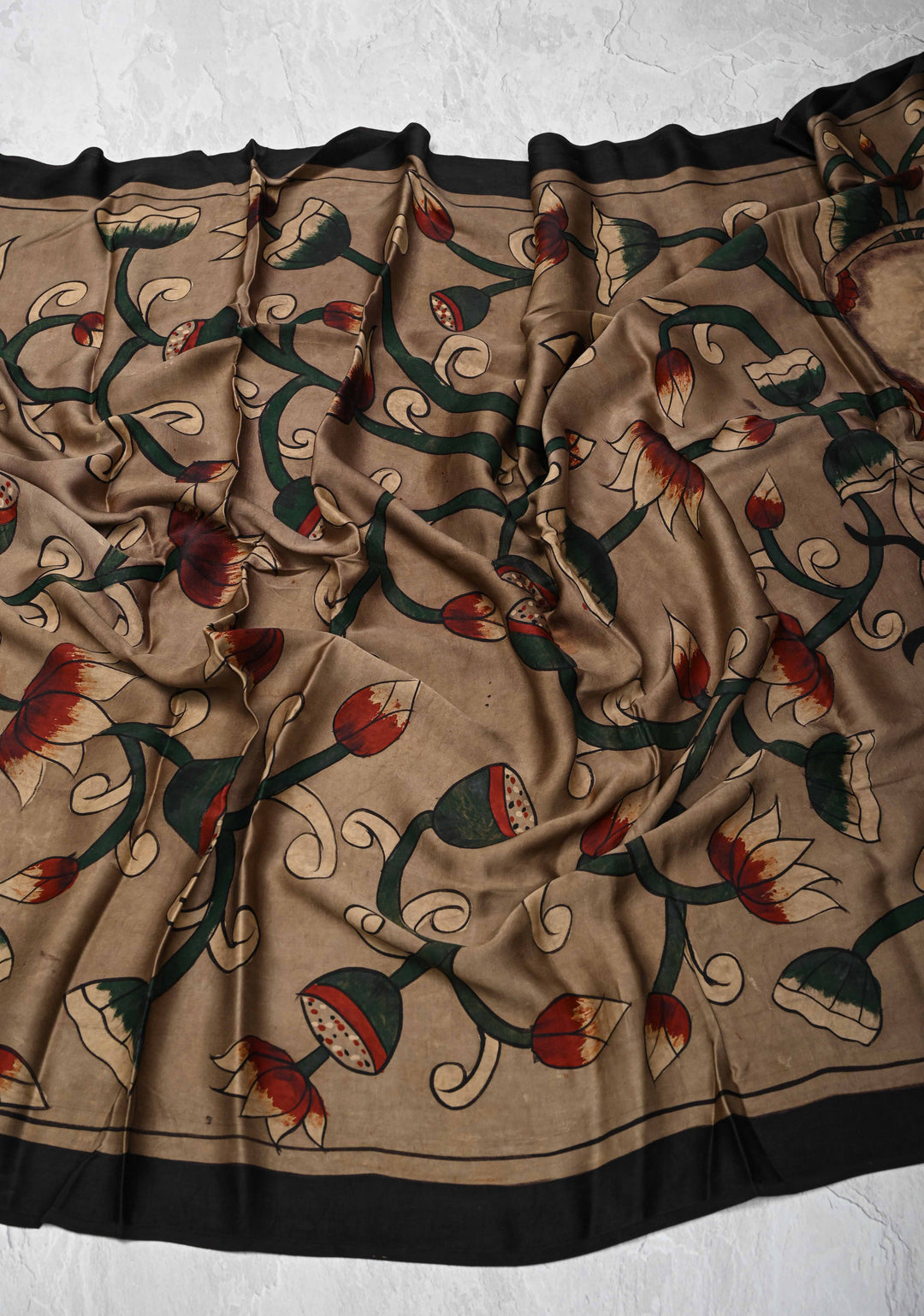Dupatta: Authentic Taupe Modal Silk Dupatta with Pichwai & Floral Hand block Print