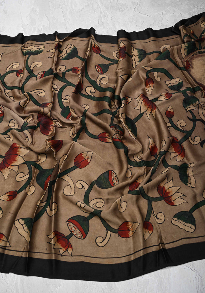 Dupatta: Authentic Taupe Modal Silk Dupatta with Pichwai & Floral Hand block Print