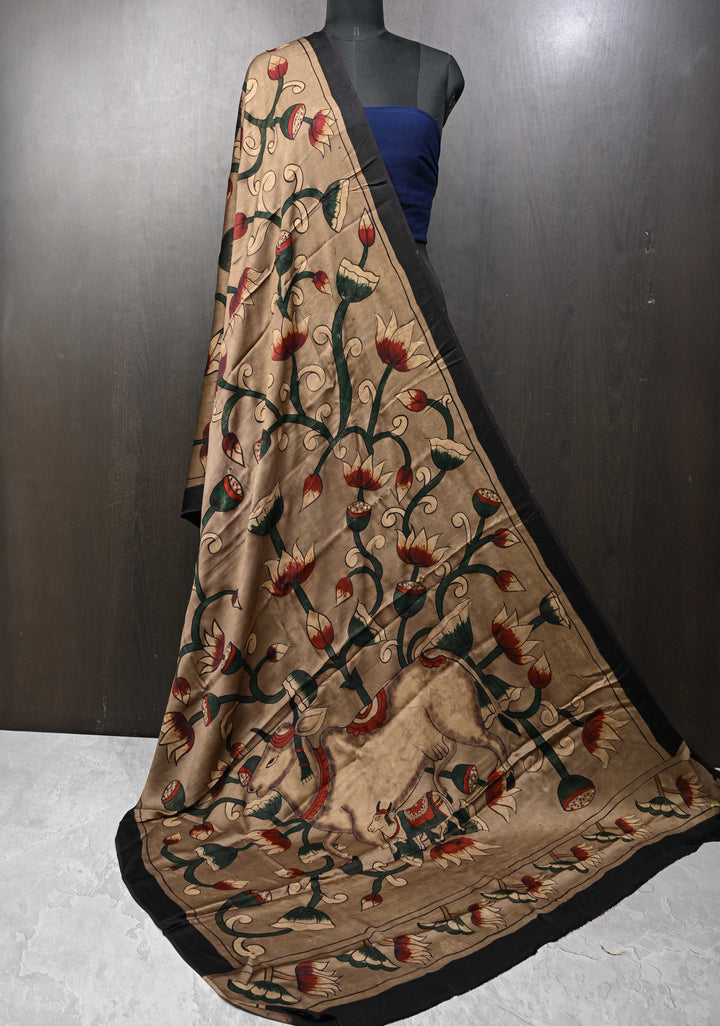 Dupatta: Authentic Taupe Modal Silk Dupatta with Pichwai & Floral Hand block Print