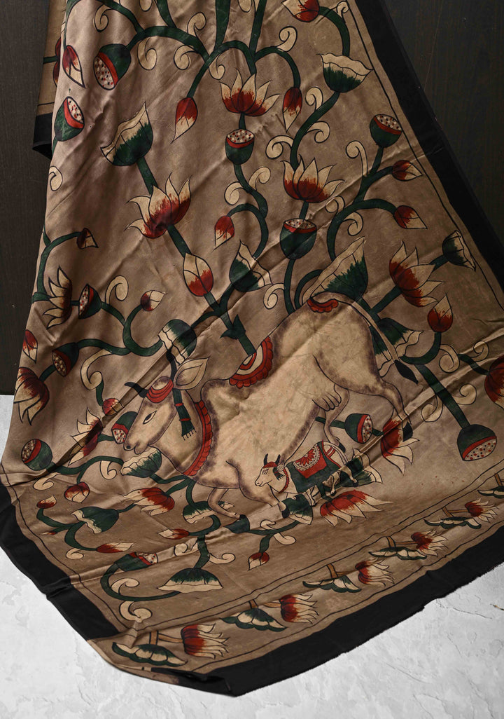 Dupatta: Authentic Taupe Modal Silk Dupatta with Pichwai & Floral Hand block Print