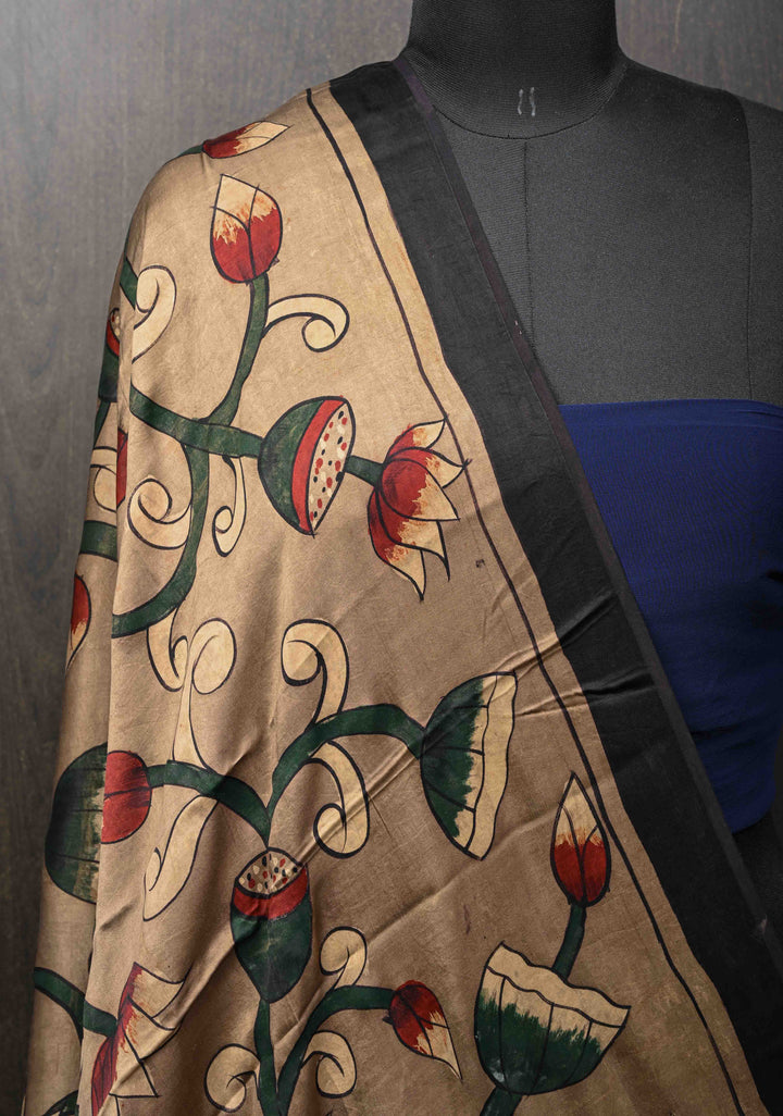 Dupatta: Authentic Taupe Modal Silk Dupatta with Pichwai & Floral Hand block Print