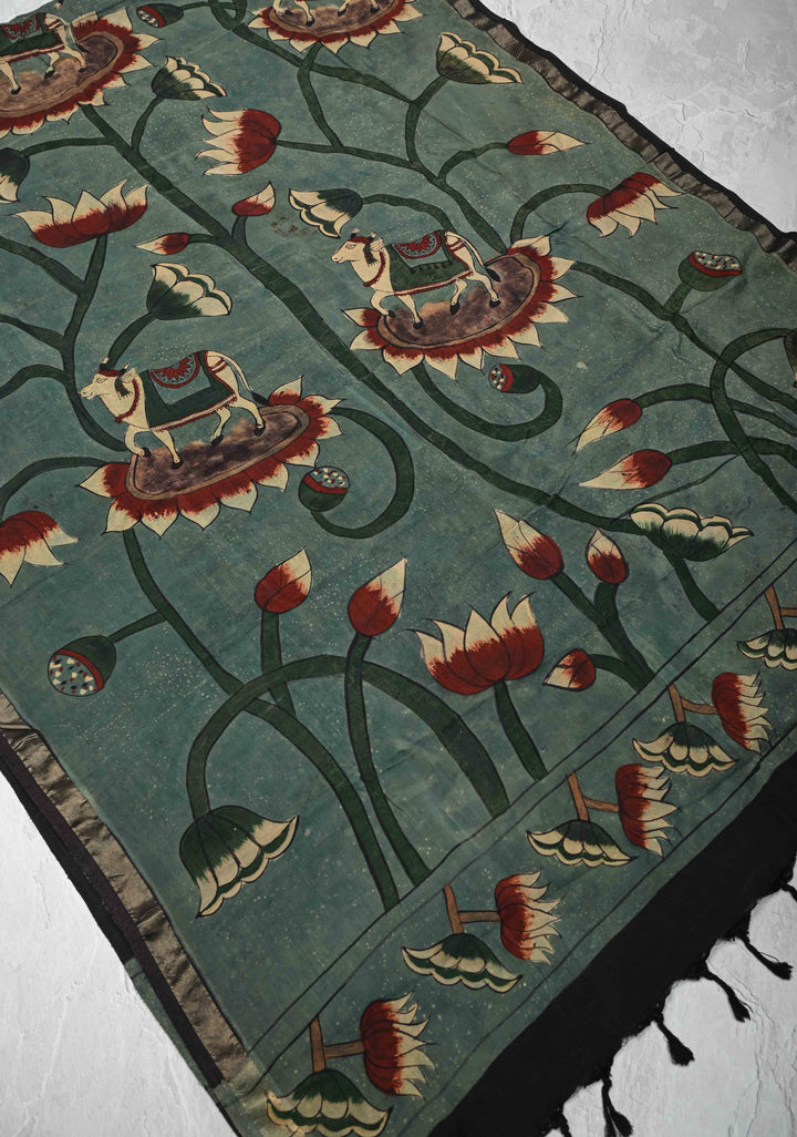 Dupatta: Authentic Lotus Blooms Jaal Pen Kalamkari on Assam Silk in Slate Green with muted zari border