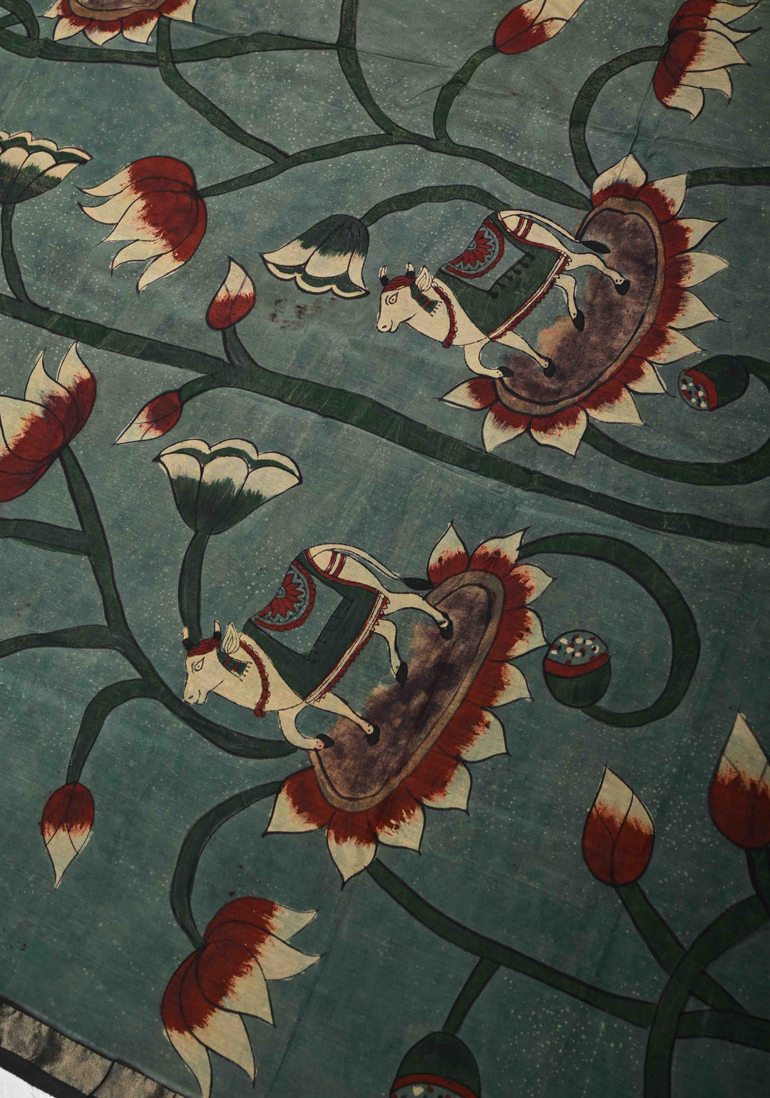 Dupatta: Authentic Lotus Blooms Jaal Pen Kalamkari on Assam Silk in Slate Green with muted zari border