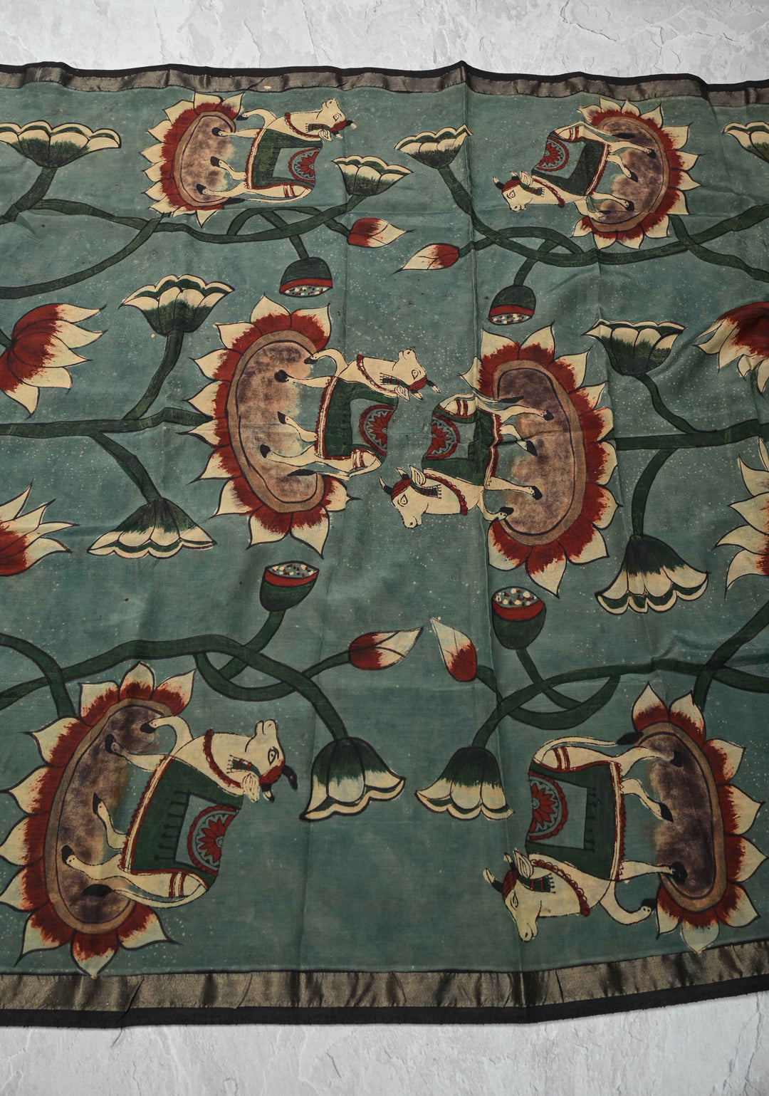 Dupatta: Authentic Lotus Blooms Jaal Pen Kalamkari on Assam Silk in Slate Green with muted zari border