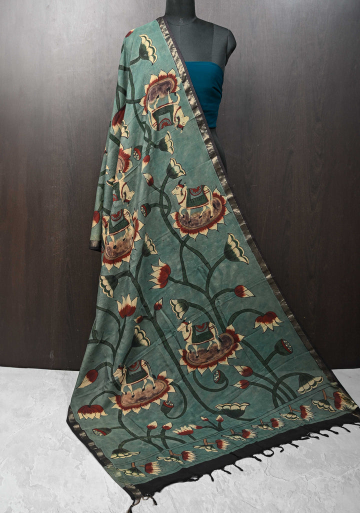 Dupatta: Authentic Lotus Blooms Jaal Pen Kalamkari on Assam Silk in Slate Green with muted zari border