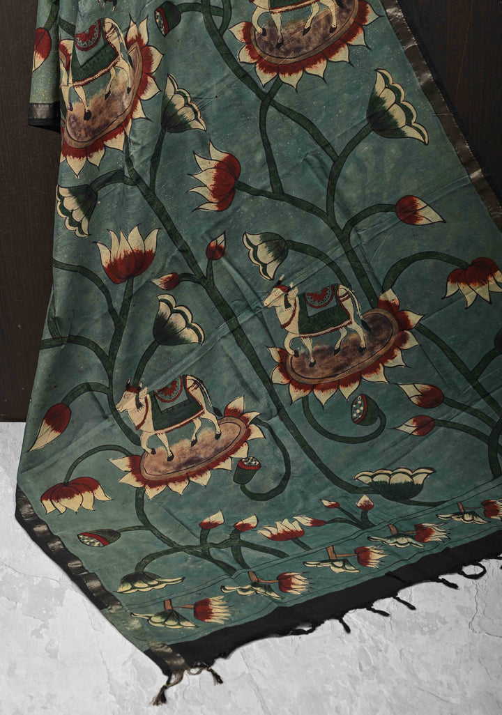 Dupatta: Authentic Lotus Blooms Jaal Pen Kalamkari on Assam Silk in Slate Green with muted zari border