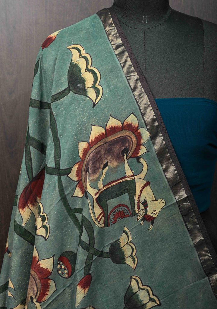 Dupatta: Authentic Lotus Blooms Jaal Pen Kalamkari on Assam Silk in Slate Green with muted zari border