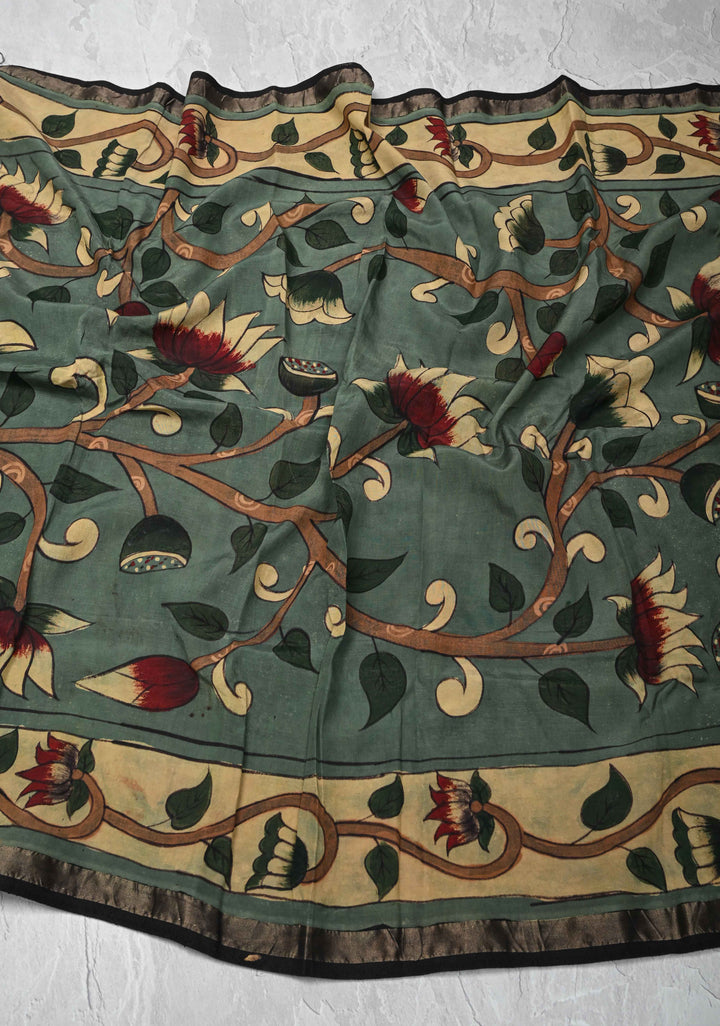 Dupatta: Authentic Teal Green Assam Silk Dupatta with Pen Kalamkari