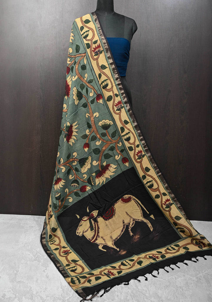 Dupatta: Authentic Teal Green Assam Silk Dupatta with Pen Kalamkari