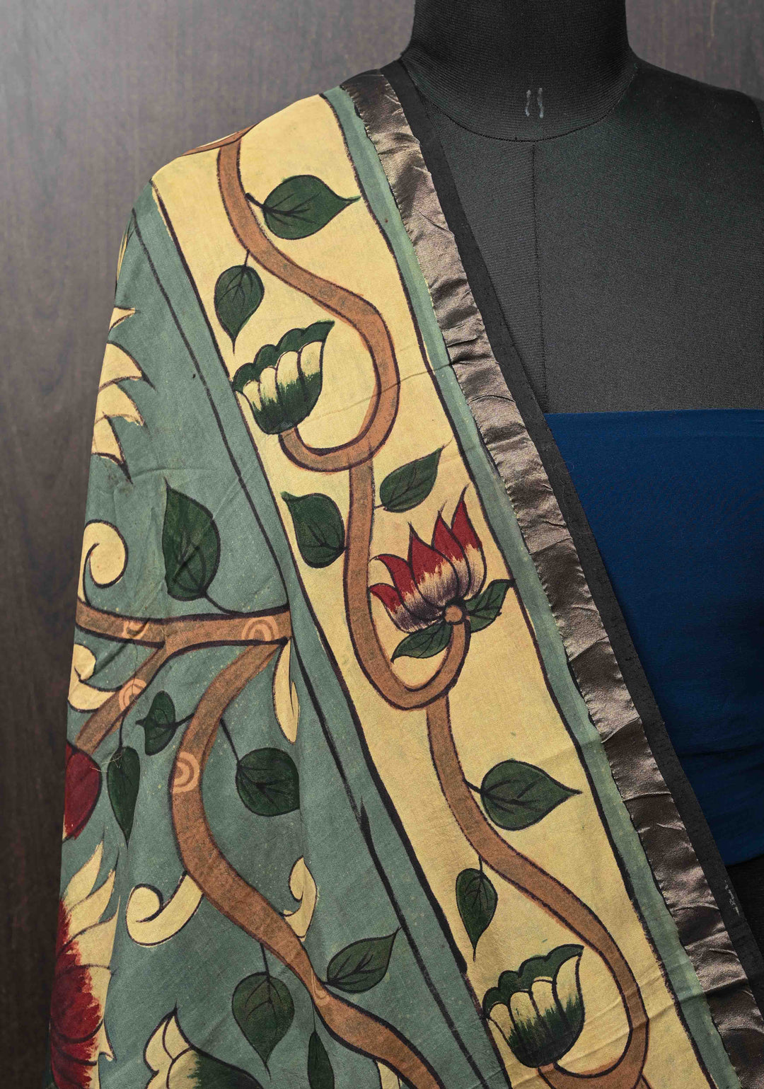 Dupatta: Authentic Teal Green Assam Silk Dupatta with Pen Kalamkari