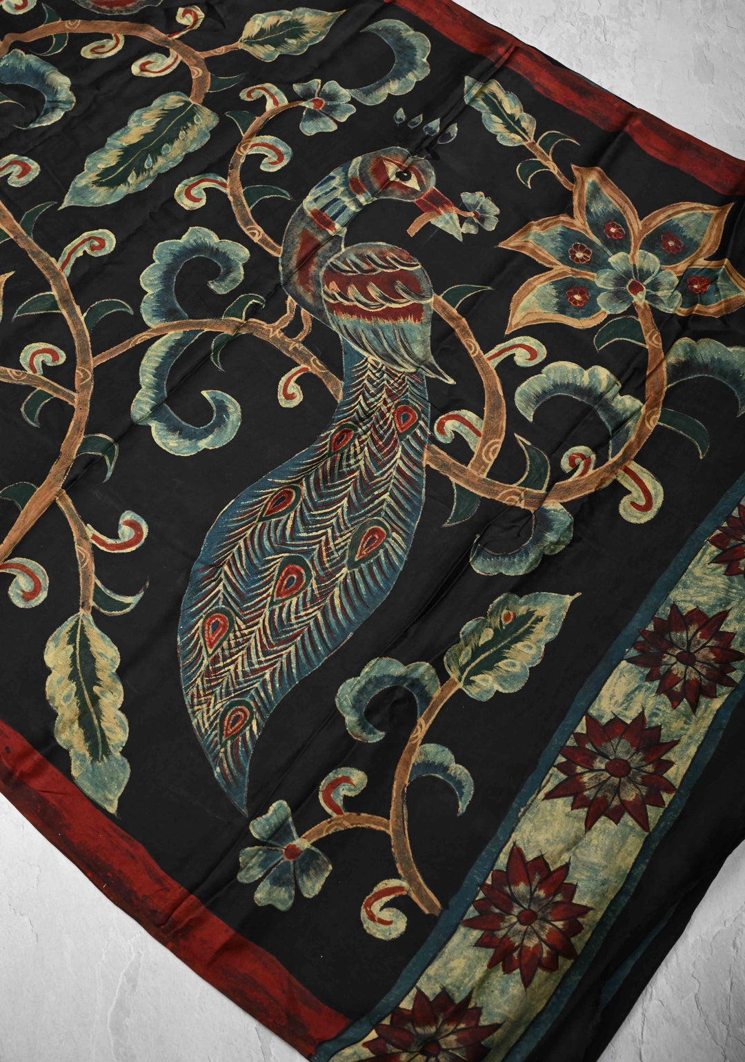 Dupatta: Authentic Black Modal Silk Dupatta with Floral Hand block Print