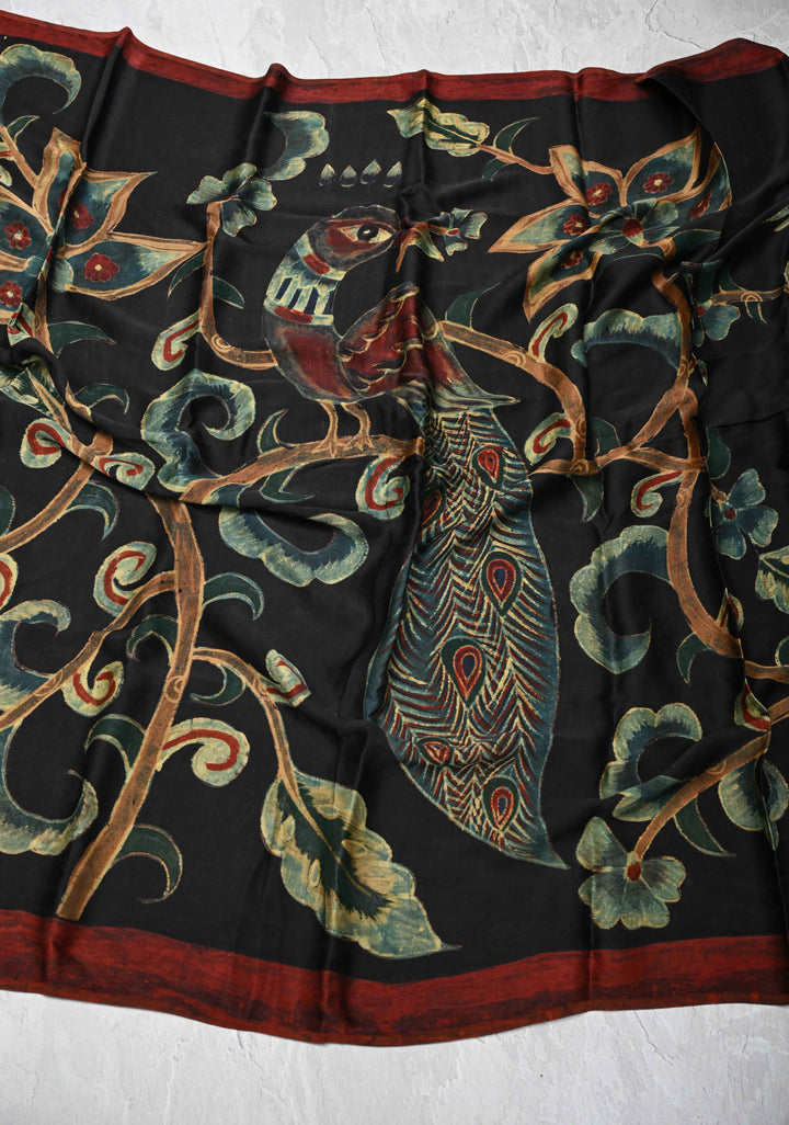 Dupatta: Authentic Black Modal Silk Dupatta with Floral Hand block Print