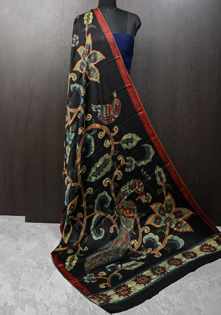 Dupatta: Authentic Black Modal Silk Dupatta with Floral Hand block Print