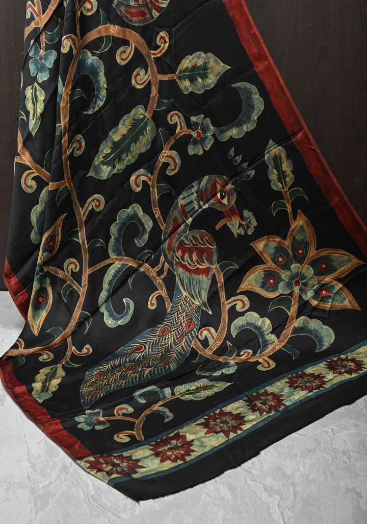 Dupatta: Authentic Black Modal Silk Dupatta with Floral Hand block Print