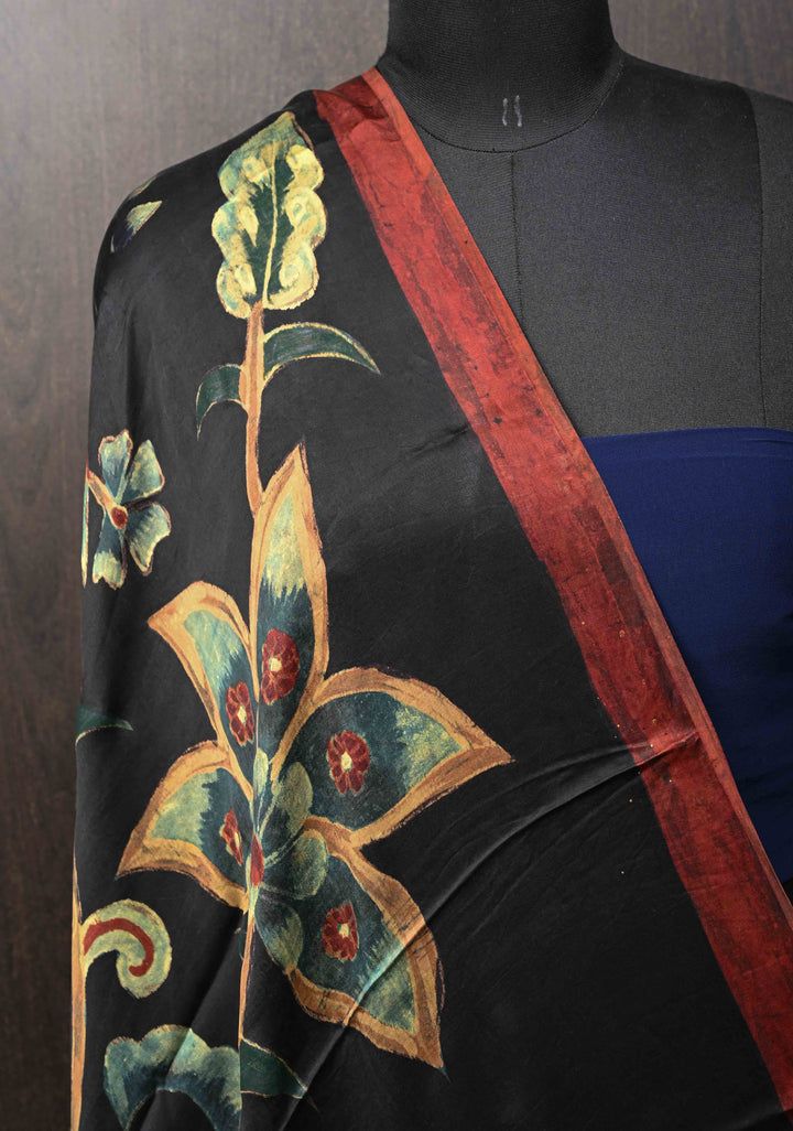 Dupatta: Authentic Black Modal Silk Dupatta with Floral Hand block Print