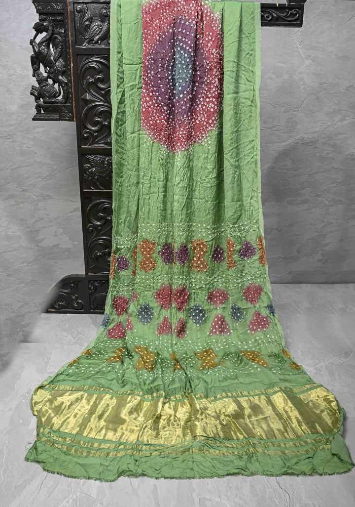 Tea Green Hand Shibori mandala Dye and bandhej design on Modal Silk Saree with crushed Pallu