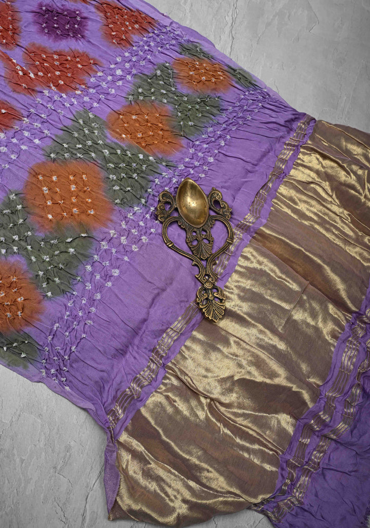 Periwinkle Purple Hand Shibori mandala Dye and bandhej design on Modal Silk Saree with crushed Pallu