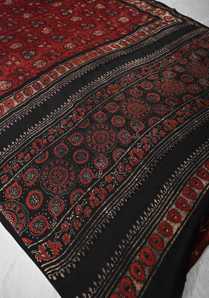 Brick Red Ajrakh Modal Silk Saree with Floral Hand Block Print