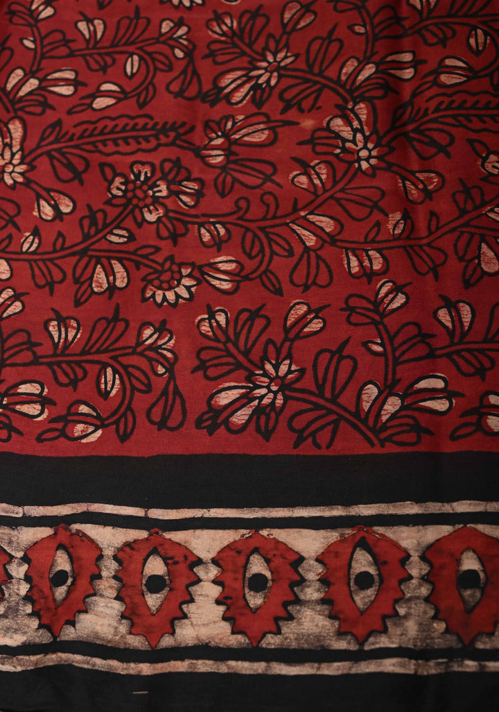 Brick Red Ajrakh Modal Silk Saree with Floral Hand Block Print