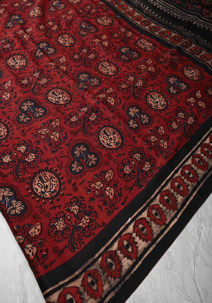 Brick Red Ajrakh Modal Silk Saree with Floral Hand Block Print