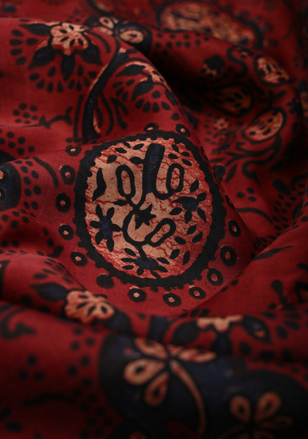 Brick Red Ajrakh Modal Silk Saree with Floral Hand Block Print