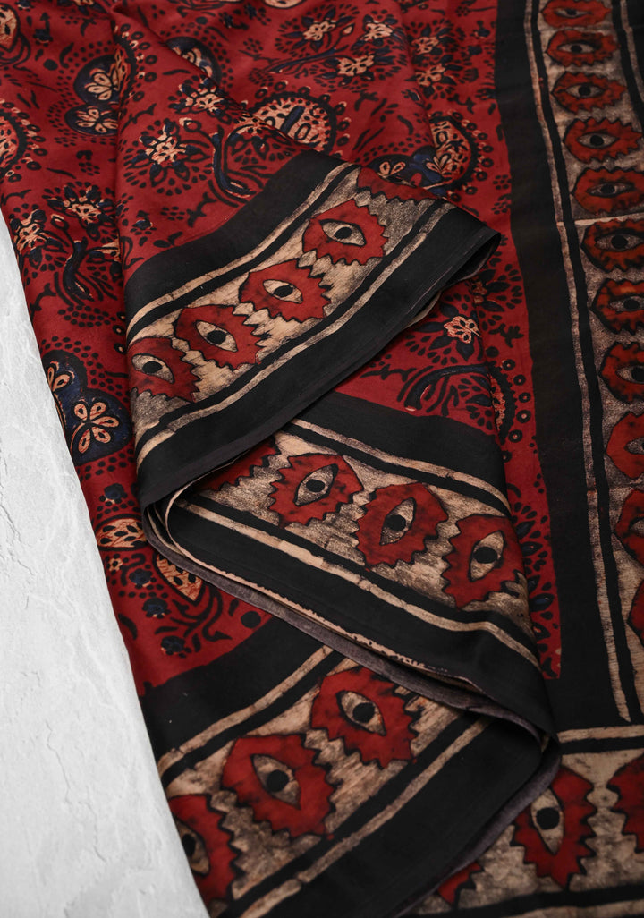 Brick Red Ajrakh Modal Silk Saree with Floral Hand Block Print