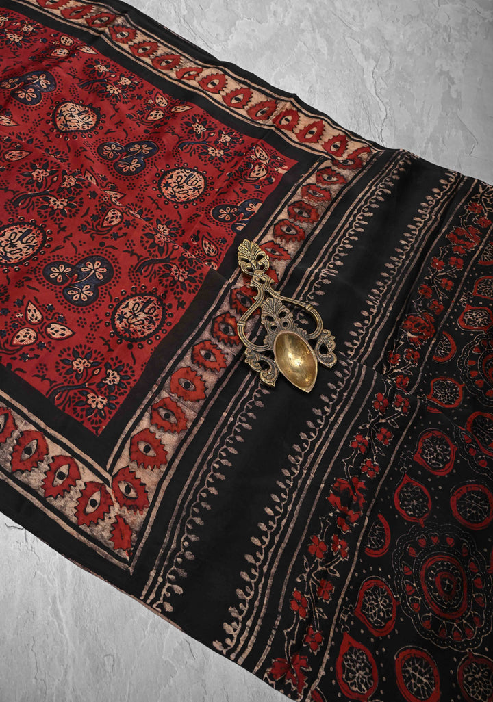 Brick Red Ajrakh Modal Silk Saree with Floral Hand Block Print