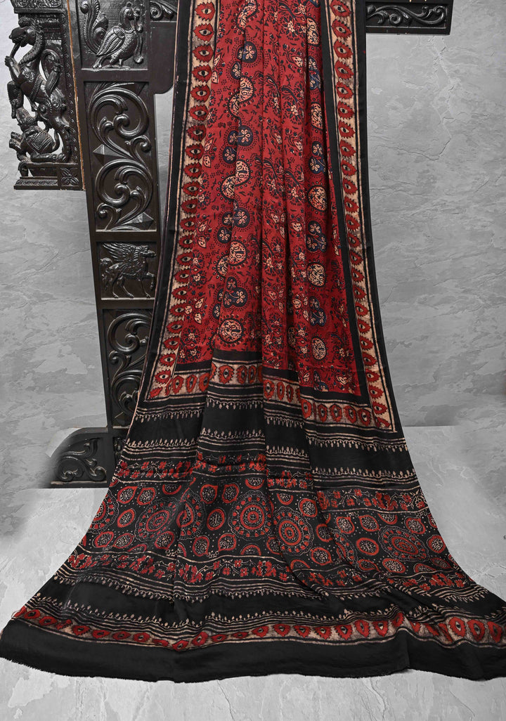 Brick Red Ajrakh Modal Silk Saree with Floral Hand Block Print