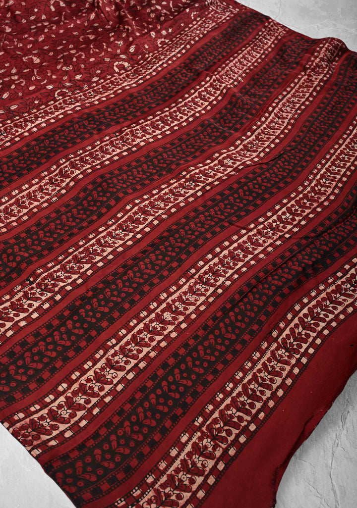 Brick Red Ajrakh Modal Silk Saree with Floral & Leaf Hand Block Print